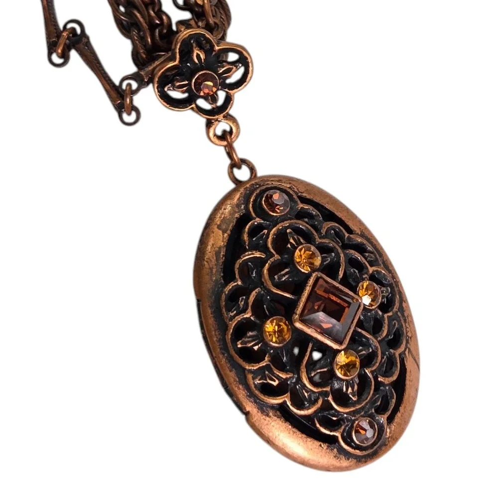 1928 Jewelery Co Copper Rinestone Picture Locket Necklace Victorian NWOT Vintage